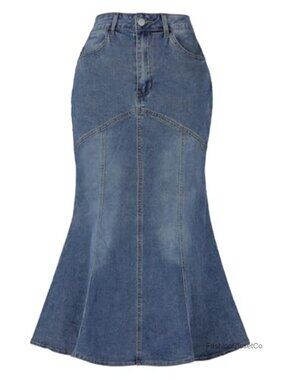 Denim Midi Fishtail Skirt High Waist Bodycon Stretchy